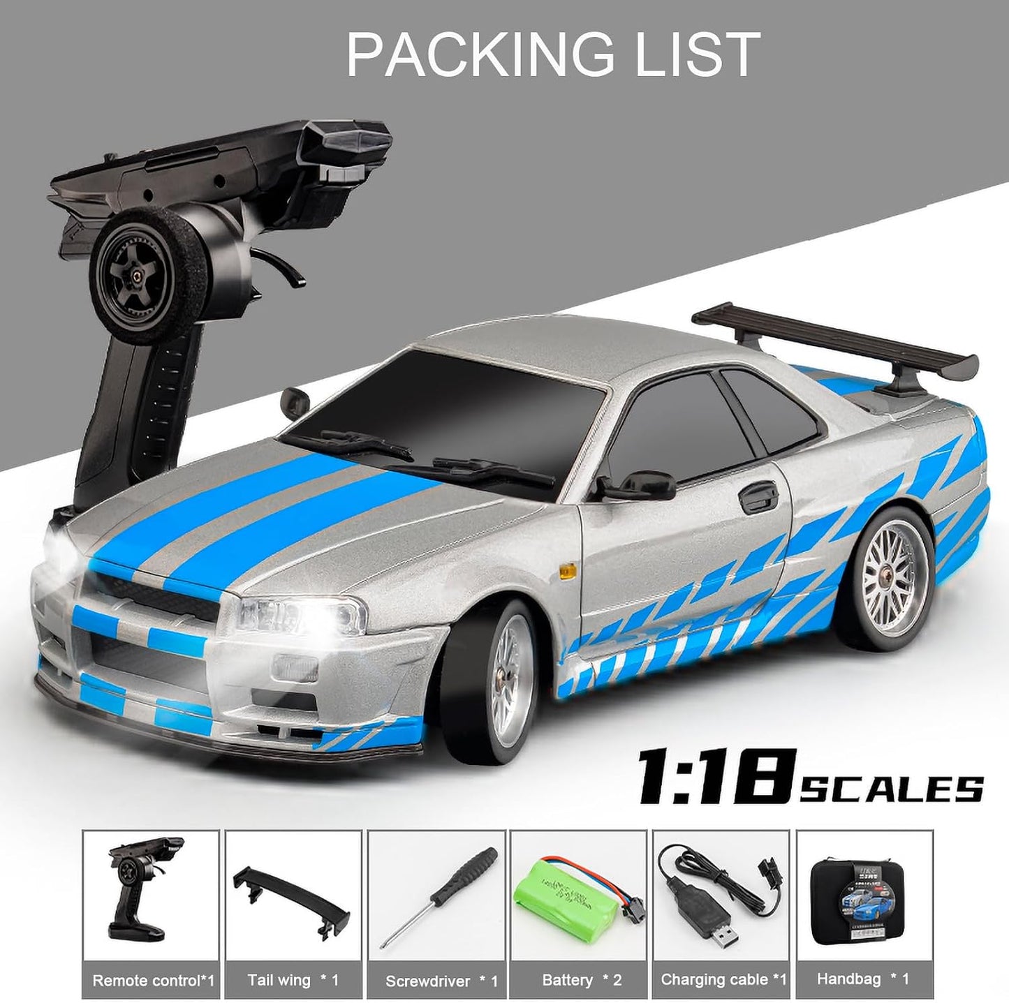 Oranwin LDRC LD1899 1/18 RC Drift Car GTR R34 2.4GHz RWD with Gyroscope on-Road Alloy Body Shell Racing Cars Radio Control