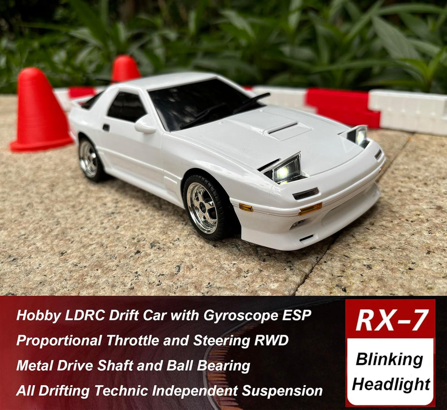 Oranwin LDRC LD1802 1:18 RX-7 FC RC Drift Car, RWD Gyro Drift Car with Metal Body, LED Lights, Full Proportional Control & Drift Tires