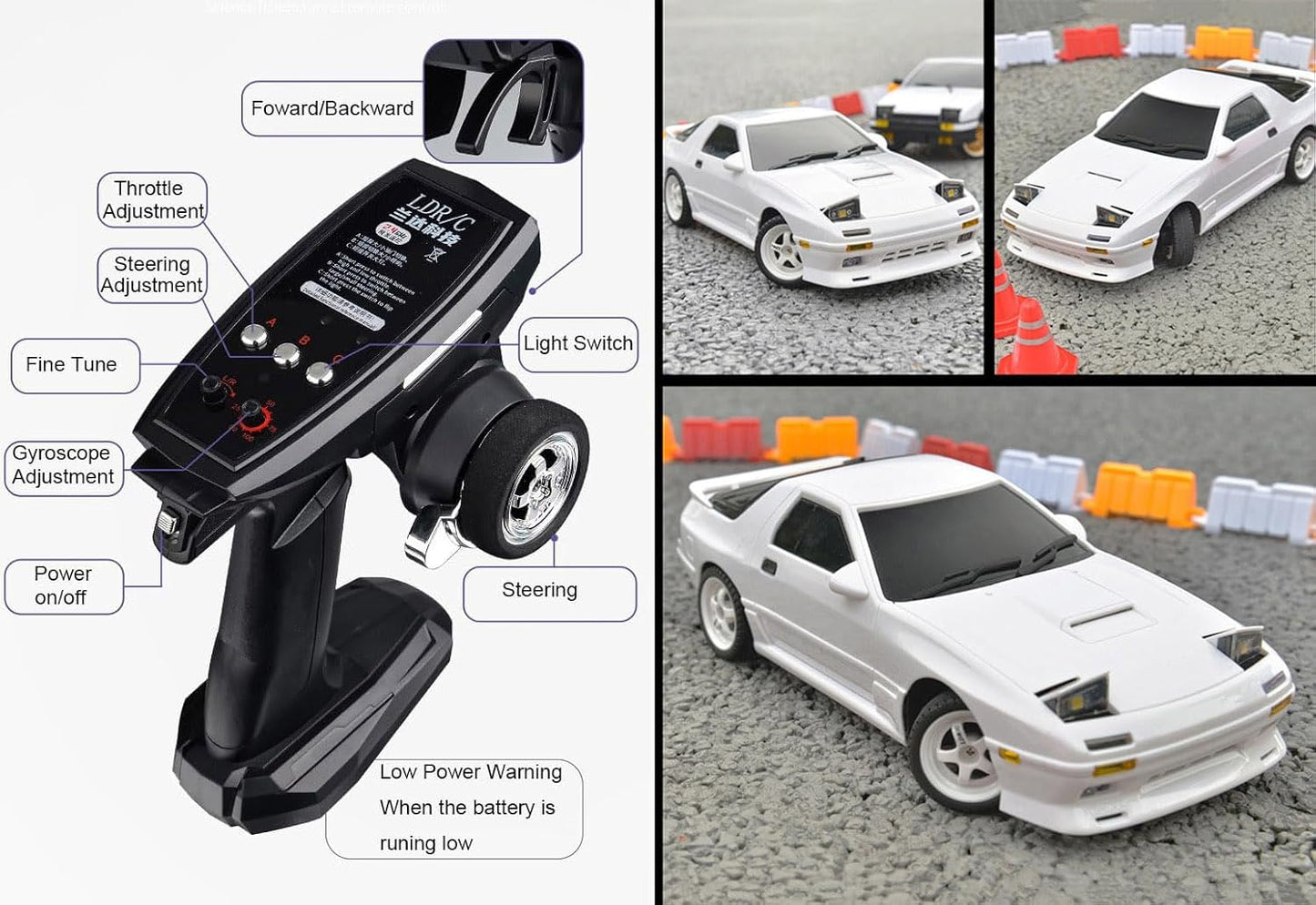 Oranwin LDRC LD1802 1:18 RX-7 FC RC Drift Car, RWD Gyro Drift Car with Metal Body, LED Lights, Full Proportional Control & Drift Tires