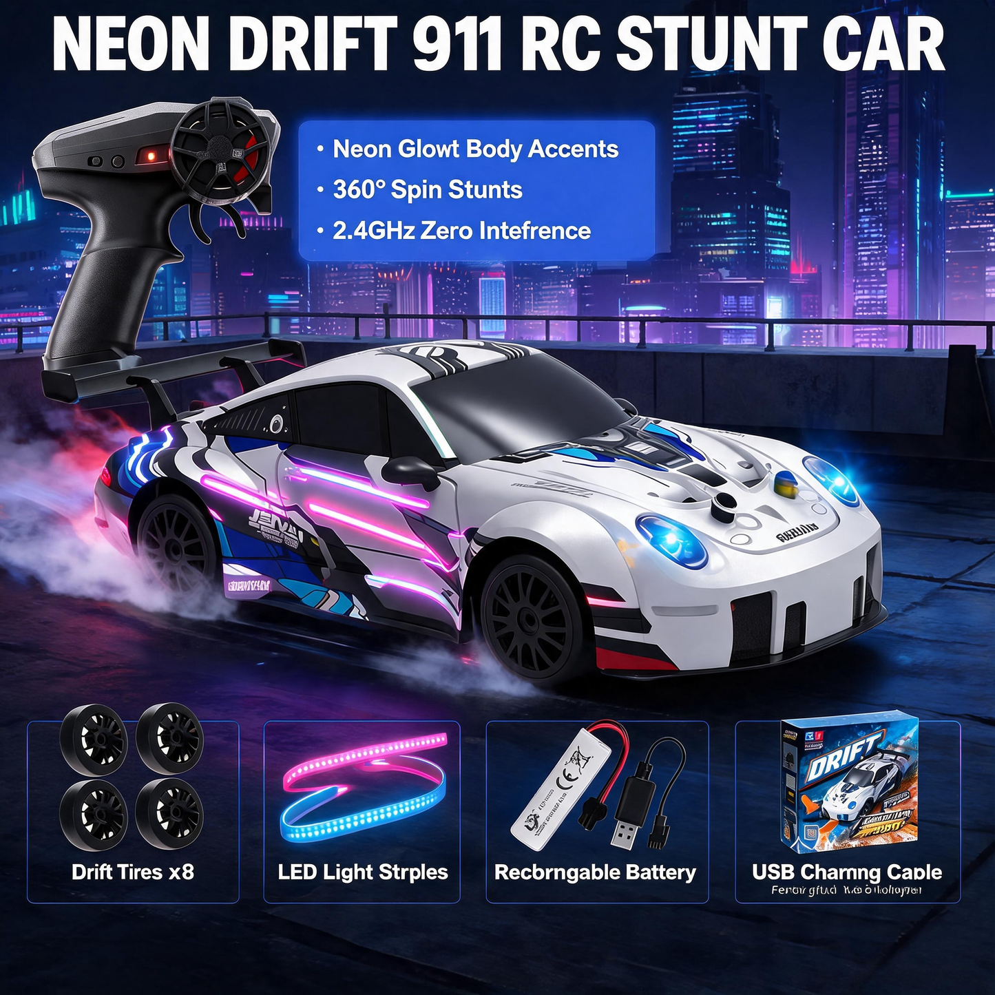 Oranwin 1:24 911 Style RC Drift Stunt Car with Remote Control
