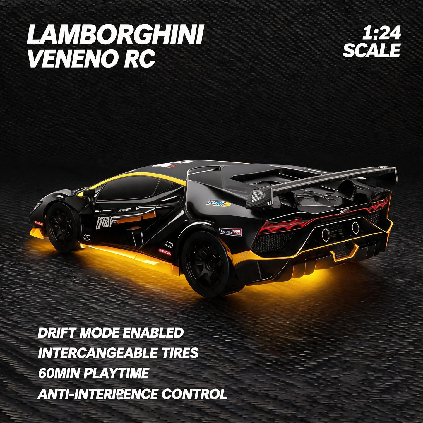 Oranwin 1:24 Scale Lamborghini Veneno RC Drift Car - Black Edition