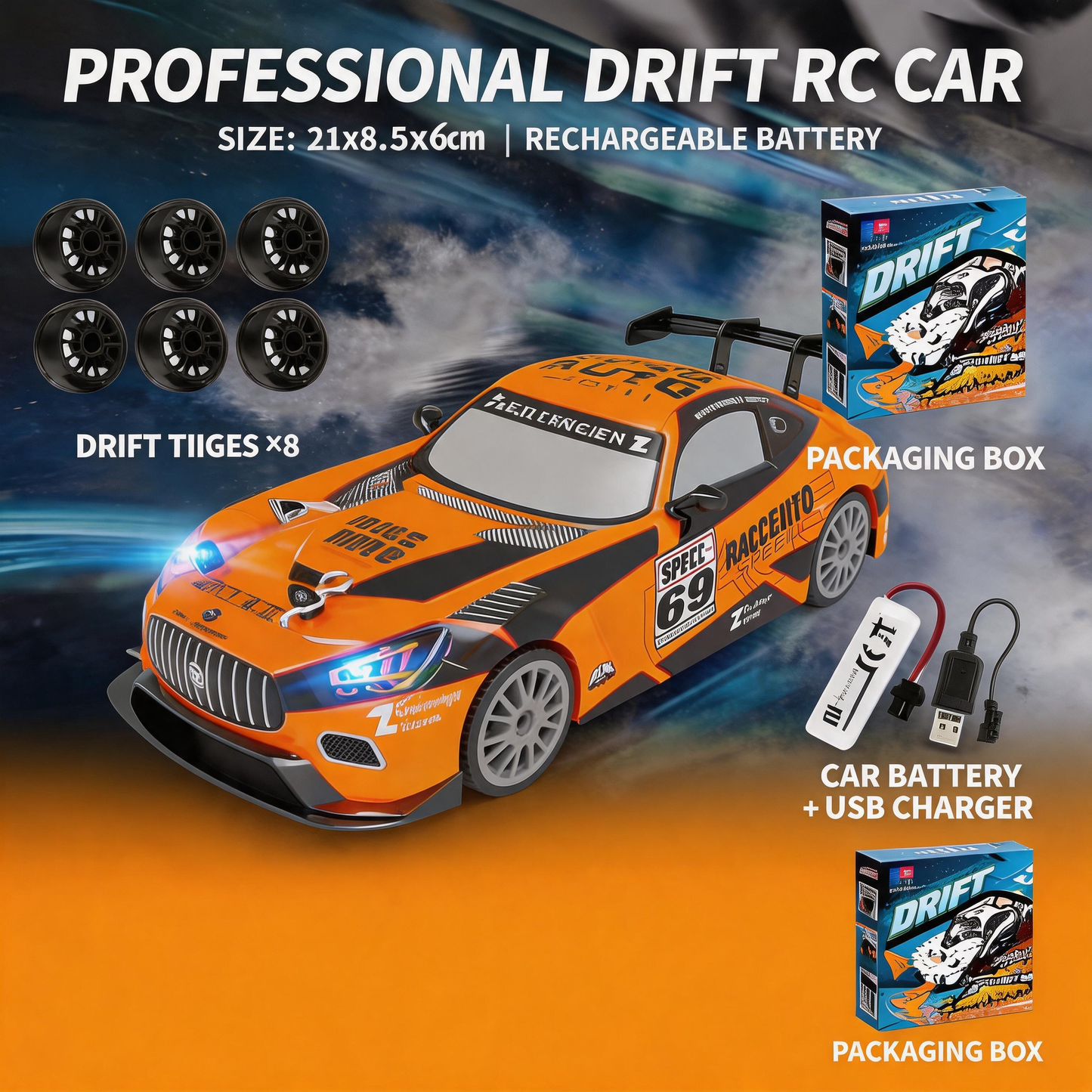 Oranwin 1:24 Scale GT RC Drift Stunt Car with 2.4GHz Remote Control