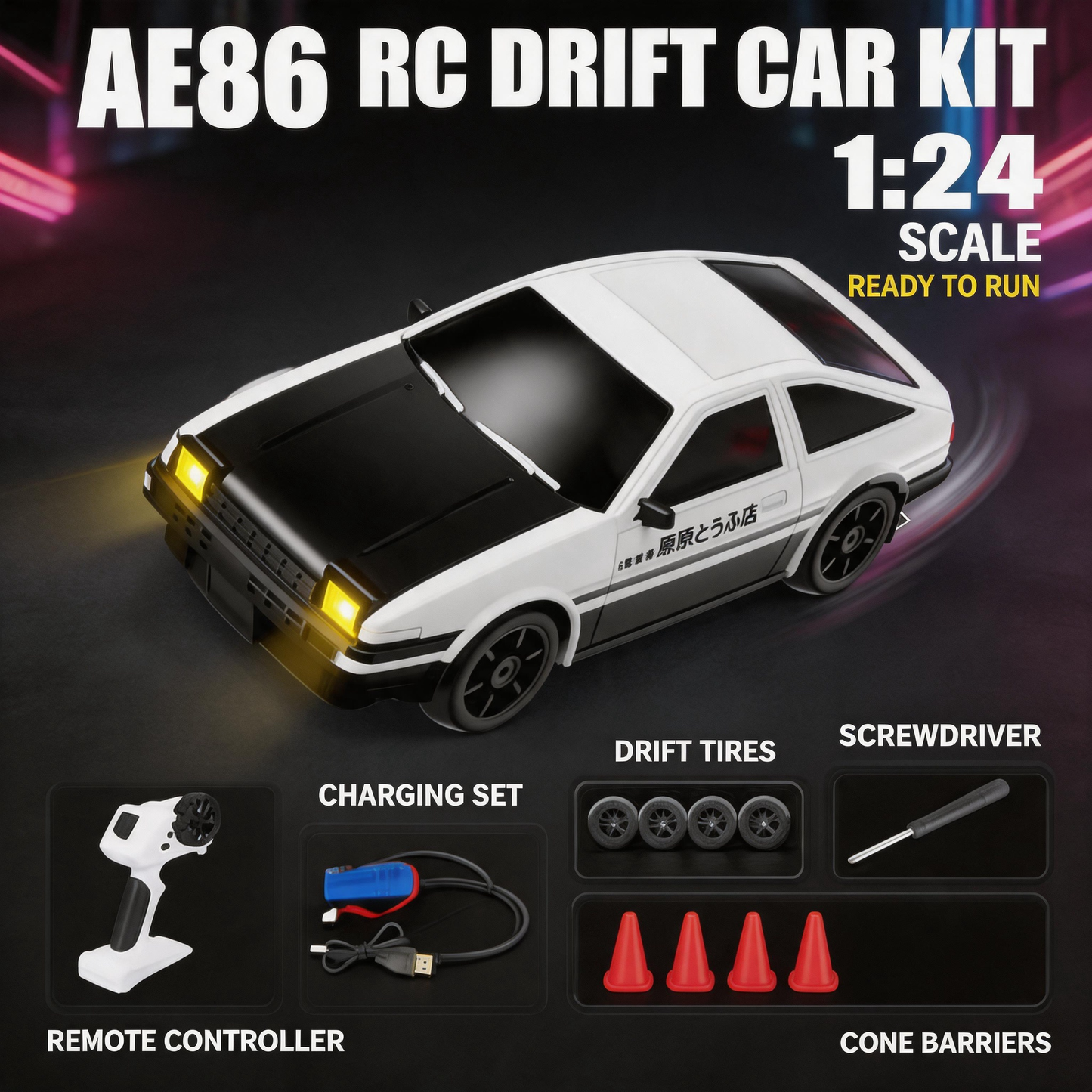 Oranwin 1:24 Scale AE86 Black Hood RC Drift Car with 2.4GHz Remote Control