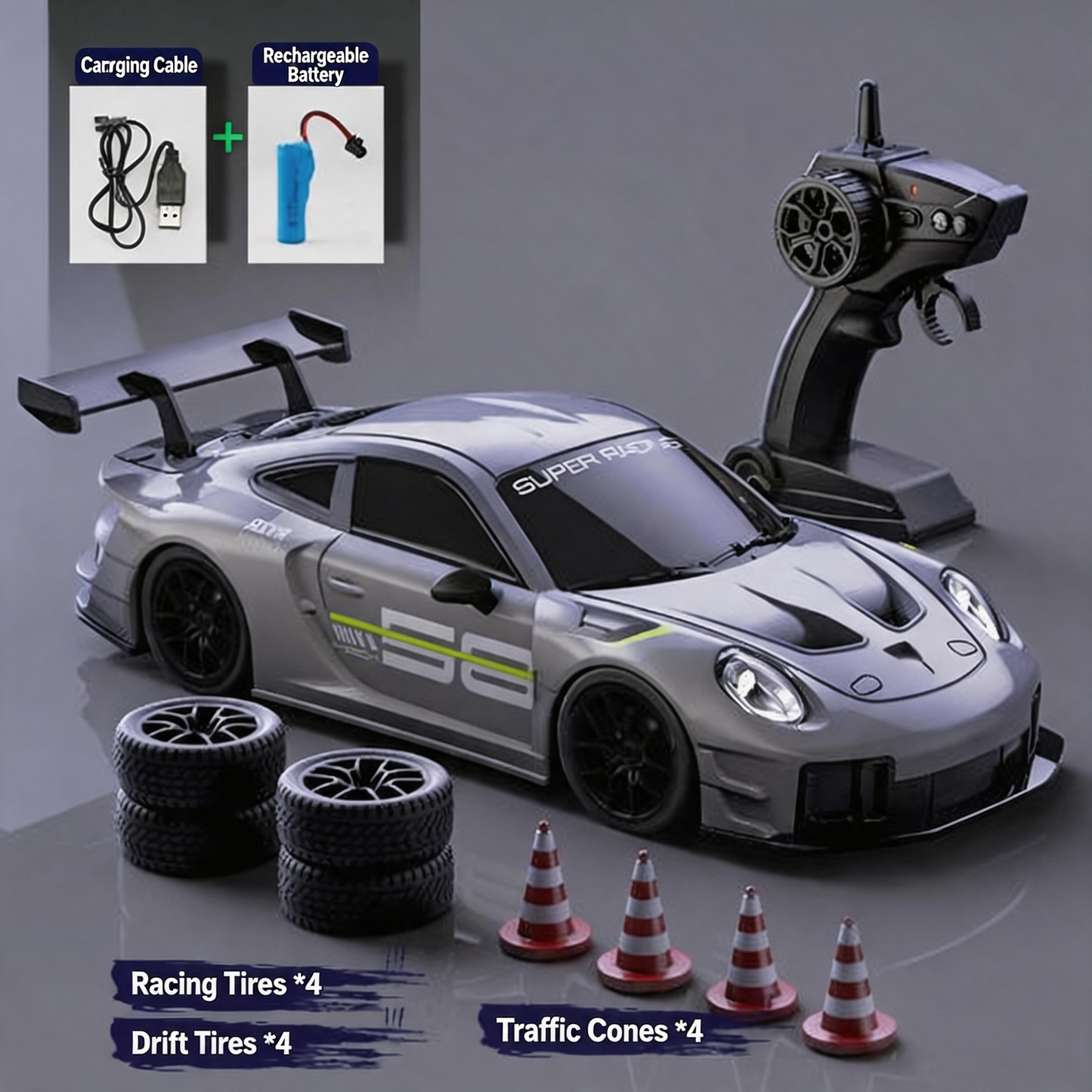 Oranwin 1:20 911 Style 4WD RC Drift Car with LED Lights & Interchangeable Tires