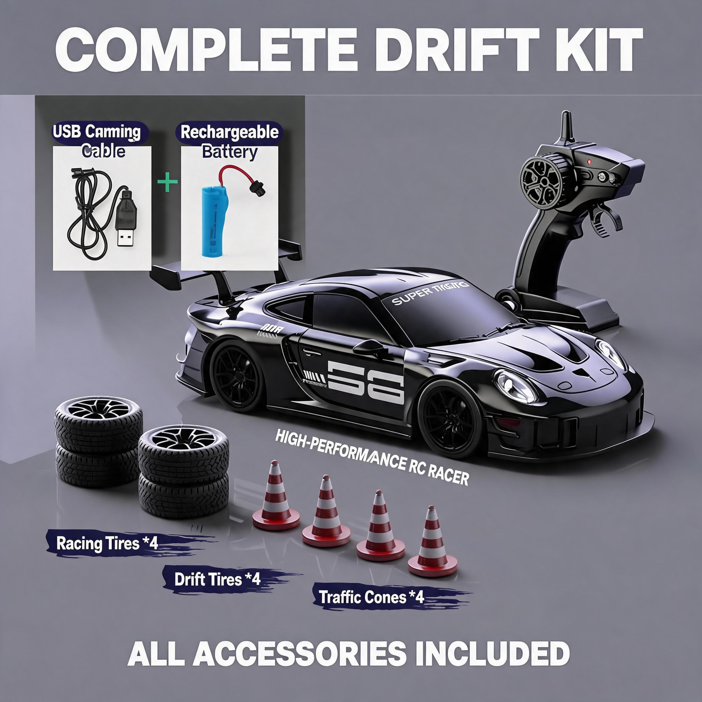 Oranwin 1:20 911 Style 4WD RC Drift Car with LED Lights & Interchangeable Tires