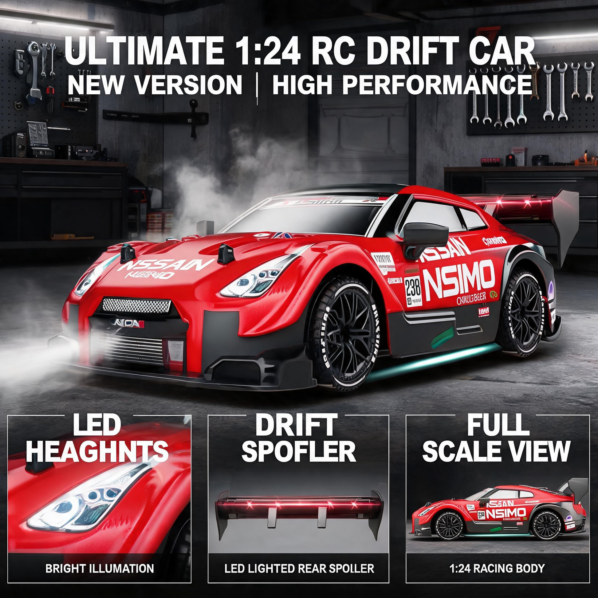 Oranwin 87005A red RC drift car LED lighting and spoiler features